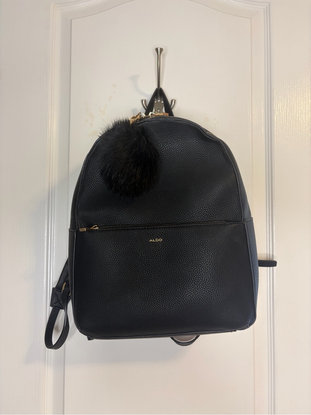 ALDO Black Pebbled Backpack with Fur Pom